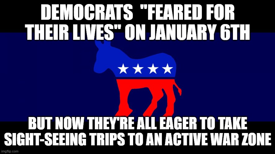 They are Blatant liars and Idiots. | DEMOCRATS  "FEARED FOR THEIR LIVES" ON JANUARY 6TH; BUT NOW THEY'RE ALL EAGER TO TAKE SIGHT-SEEING TRIPS TO AN ACTIVE WAR ZONE | image tagged in democrat meme,ukraine,trip,hypocrites | made w/ Imgflip meme maker