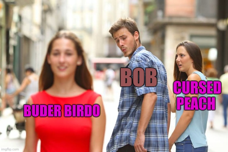Smg4 tober 2022 day 17 favorite ship | BOB; CURSED PEACH; BUDER BIRDO | image tagged in memes,distracted boyfriend,smg4,smg4 tober 2022 | made w/ Imgflip meme maker