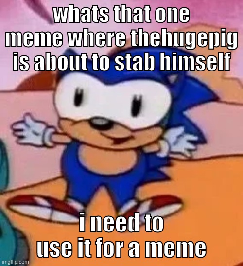link pls | whats that one meme where thehugepig is about to stab himself; i need to use it for a meme | image tagged in memes,funny,baby sonic,thehugepig,stab,no theres no blood | made w/ Imgflip meme maker