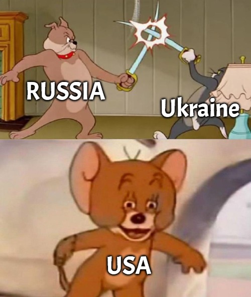 Tom and Jerry swordfight |  RUSSIA; Ukraine; USA | image tagged in tom and jerry swordfight,slavic,russia,ukraine,blm | made w/ Imgflip meme maker