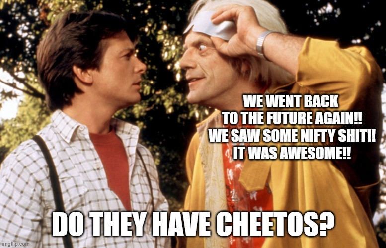 back to the future | WE WENT BACK 
TO THE FUTURE AGAIN!!
WE SAW SOME NIFTY SHIT!!
IT WAS AWESOME!! DO THEY HAVE CHEETOS? | image tagged in back to the future | made w/ Imgflip meme maker