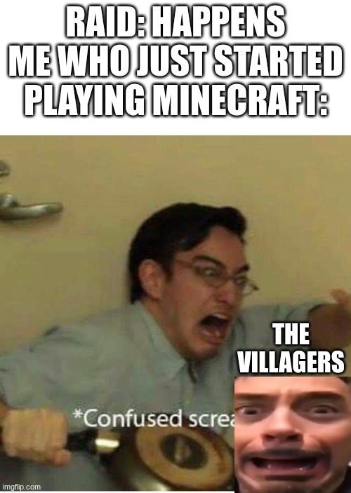 confused screaming |  RAID: HAPPENS
ME WHO JUST STARTED PLAYING MINECRAFT:; THE VILLAGERS | image tagged in confused screaming | made w/ Imgflip meme maker