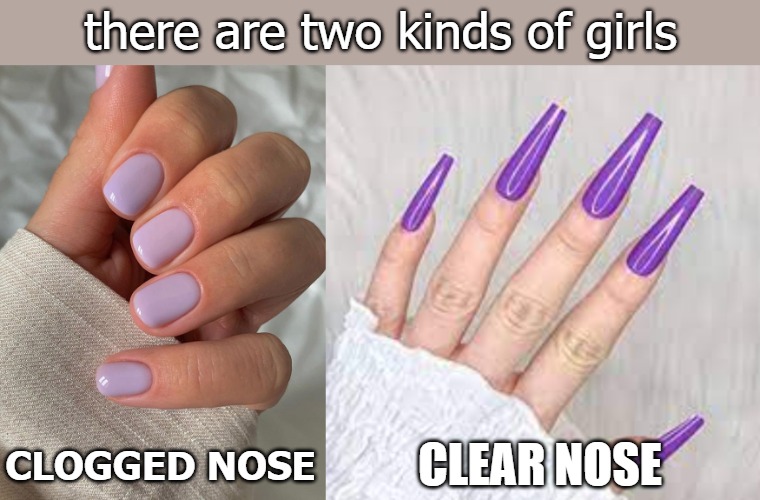 there are two kinds of girls; CLOGGED NOSE; CLEAR NOSE | image tagged in pick a winner | made w/ Imgflip meme maker