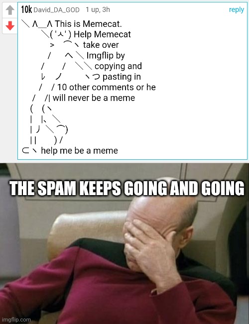 The Memecat spam is back and I've tried to stop it. | THE SPAM KEEPS GOING AND GOING | image tagged in memes,captain picard facepalm,memecat,spam,imgflip | made w/ Imgflip meme maker