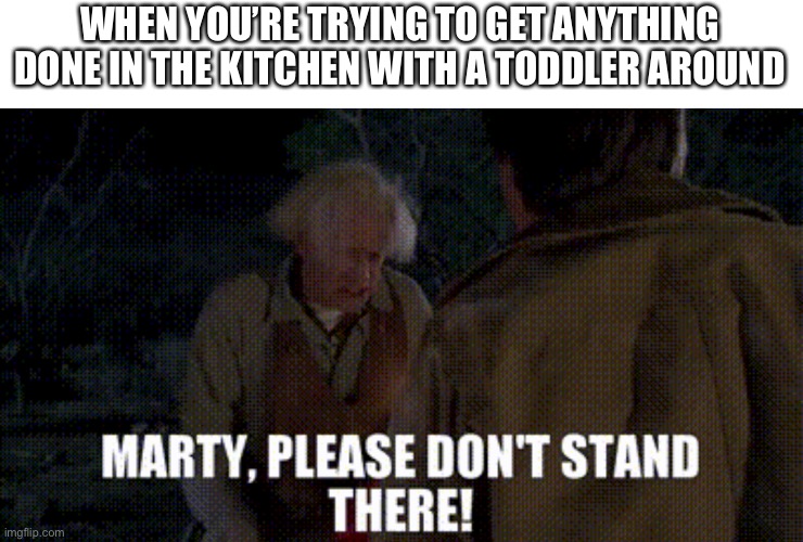 Toddlers are in the way | WHEN YOU’RE TRYING TO GET ANYTHING DONE IN THE KITCHEN WITH A TODDLER AROUND | image tagged in toddler,back to the future | made w/ Imgflip meme maker