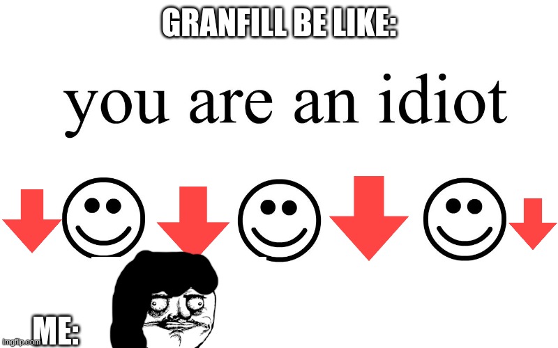 Granfill be like (just stop going in my account and u will be fine): | GRANFILL BE LIKE:; ME: | image tagged in you are an idiot,reniita,me gusta | made w/ Imgflip meme maker