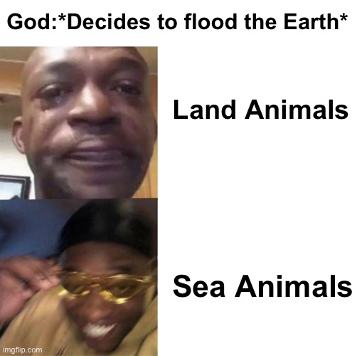Black Guy Crying and Black Guy Laughing | God:*Decides to flood the Earth*; Land Animals; Sea Animals | image tagged in black guy crying and black guy laughing,bible | made w/ Imgflip meme maker