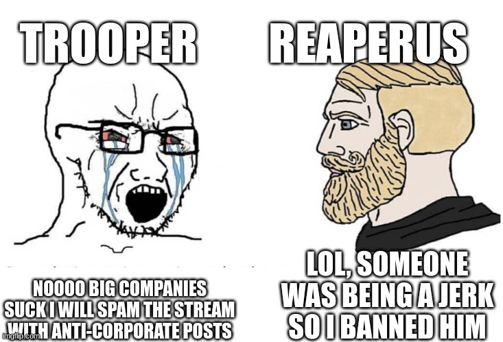 Soyboy Vs Yes Chad | NOOOO BIG COMPANIES SUCK I WILL SPAM THE STREAM WITH ANTI-CORPORATE POSTS LOL, SOMEONE WAS BEING A JERK SO I BANNED HIM TROOPER REAPERUS | image tagged in soyboy vs yes chad | made w/ Imgflip meme maker