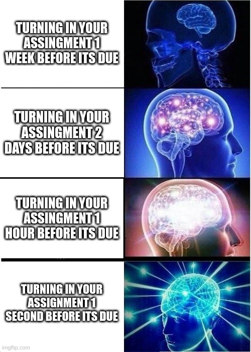 School methods. | TURNING IN YOUR ASSINGMENT 1 WEEK BEFORE ITS DUE; TURNING IN YOUR ASSINGMENT 2 DAYS BEFORE ITS DUE; TURNING IN YOUR ASSINGMENT 1 HOUR BEFORE ITS DUE; TURNING IN YOUR ASSIGNMENT 1 SECOND BEFORE ITS DUE | image tagged in memes,expanding brain | made w/ Imgflip meme maker