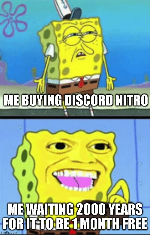Discord won't even be alive in 2000 years. | ME BUYING DISCORD NITRO; ME WAITING 2000 YEARS FOR IT TO BE 1 MONTH FREE | image tagged in spongebob money,discord | made w/ Imgflip meme maker