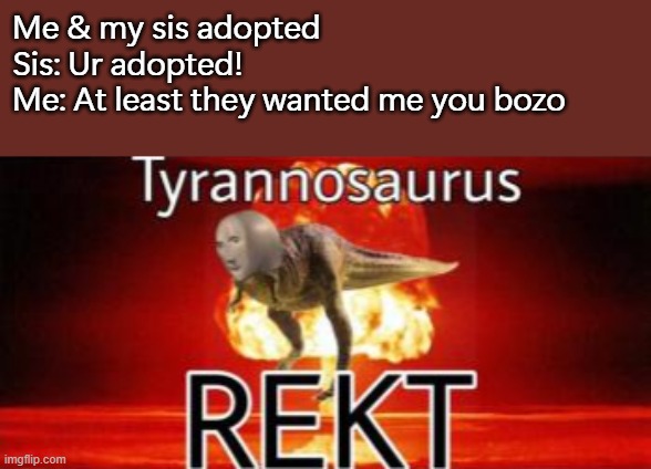 me & my sis are truly NOT ADOPTED, this is JUST A MEME | Me & my sis adopted
Sis: Ur adopted!
Me: At least they wanted me you bozo | image tagged in tyrannosaurus rekt,rekt | made w/ Imgflip meme maker
