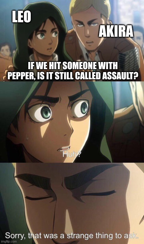 bad joke | LEO; AKIRA; IF WE HIT SOMEONE WITH PEPPER, IS IT STILL CALLED ASSAULT? | image tagged in strange question attack on titan | made w/ Imgflip meme maker