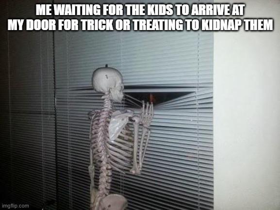 spook | ME WAITING FOR THE KIDS TO ARRIVE AT MY DOOR FOR TRICK OR TREATING TO KIDNAP THEM | image tagged in skeleton looking out window | made w/ Imgflip meme maker