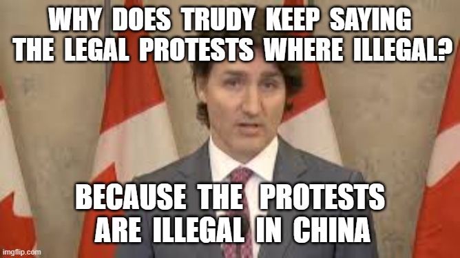  WHY  DOES  TRUDY  KEEP  SAYING  THE  LEGAL  PROTESTS  WHERE  ILLEGAL? BECAUSE  THE   PROTESTS  ARE  ILLEGAL  IN  CHINA | image tagged in justin trudeau,canadian truckers,legal protests,ottawa,canadian politics | made w/ Imgflip meme maker