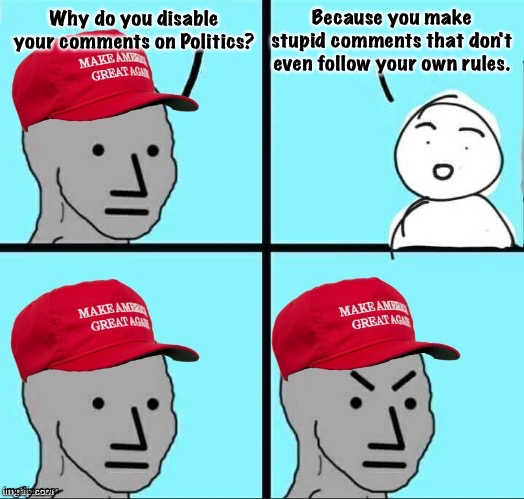 Try following your own rules. | Because you make stupid comments that don't even follow your own rules. Why do you disable your comments on Politics? | image tagged in maga npc an an0nym0us template | made w/ Imgflip meme maker