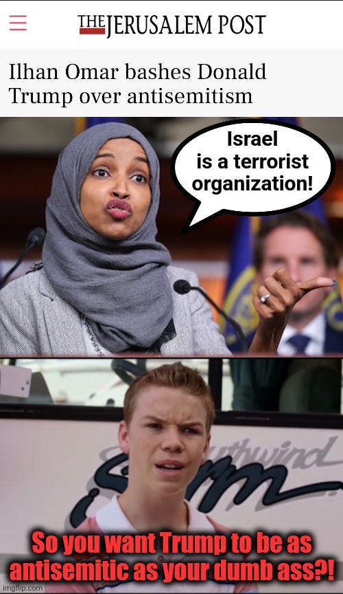 The approaching midterm elections are causing some weird things to happen! | Israel
is a terrorist
organization! So you want Trump to be as antisemitic as your dumb ass?! | image tagged in you guys are getting paid,memes,ilhan omar,antisemitism,donald trump,election 2022 | made w/ Imgflip meme maker