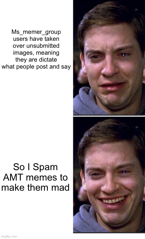 I’m about to make you guys cry! Ban me before a spam occurs! | Ms_memer_group users have taken over unsubmitted images, meaning they are dictate what people post and say; So I Spam AMT memes to make them mad | image tagged in peter parker crying/happy,memes | made w/ Imgflip meme maker