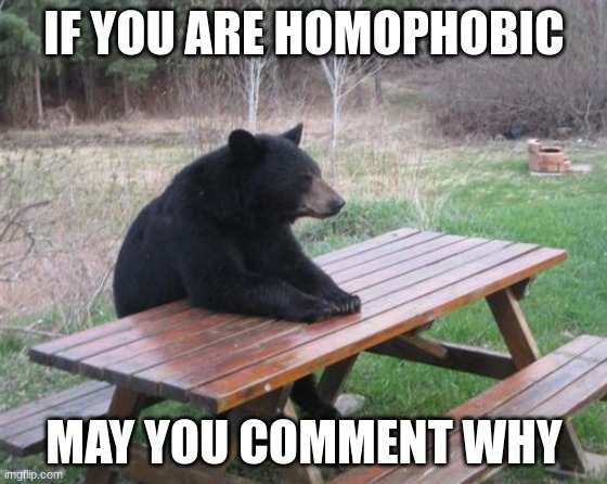 Please be respectful and don't lash at me. | IF YOU ARE HOMOPHOBIC; MAY YOU COMMENT WHY | image tagged in memes,bad luck bear | made w/ Imgflip meme maker