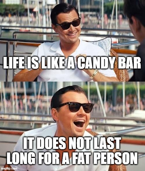 Leonardo Dicaprio Wolf Of Wall Street | LIFE IS LIKE A CANDY BAR; IT DOES NOT LAST LONG FOR A FAT PERSON | image tagged in memes,leonardo dicaprio wolf of wall street | made w/ Imgflip meme maker