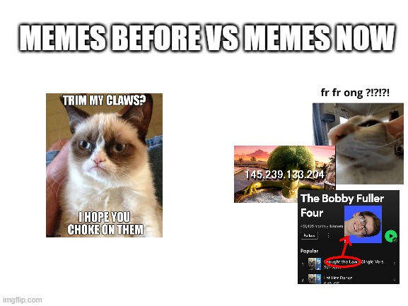 basically humor | MEMES BEFORE VS MEMES NOW | image tagged in blank white template | made w/ Imgflip meme maker