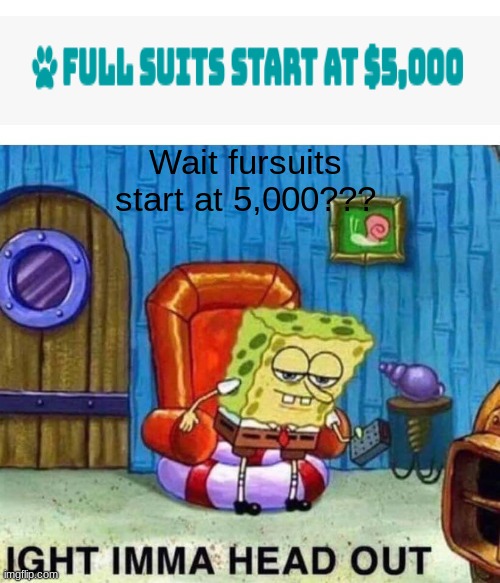 my money!!!!!! | Wait fursuits start at 5,000??? | image tagged in memes,spongebob ight imma head out | made w/ Imgflip meme maker