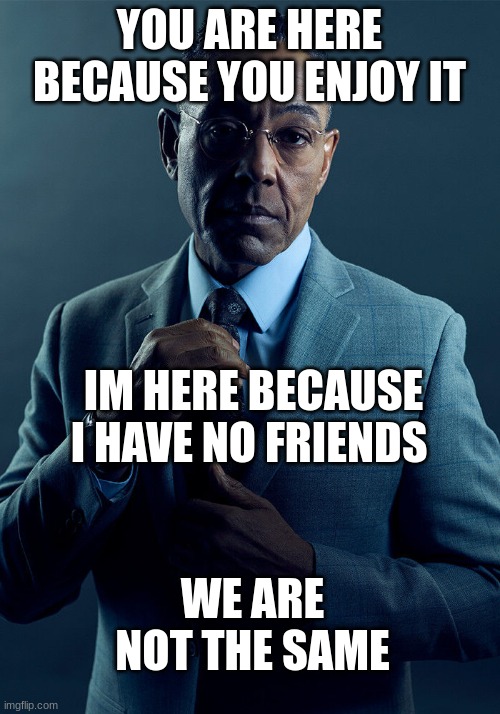 xbox is better with friends | YOU ARE HERE BECAUSE YOU ENJOY IT; IM HERE BECAUSE I HAVE NO FRIENDS; WE ARE NOT THE SAME | image tagged in gus fring we are not the same | made w/ Imgflip meme maker
