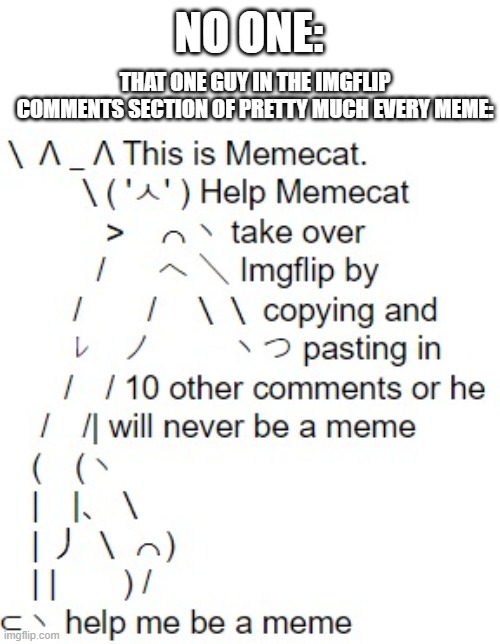 Memecat | NO ONE:; THAT ONE GUY IN THE IMGFLIP COMMENTS SECTION OF PRETTY MUCH EVERY MEME: | image tagged in memecat,memes,relatable,spooktober,spooky month,funny | made w/ Imgflip meme maker