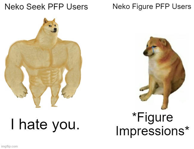 the neko fight | Neko Seek PFP Users; Neko Figure PFP Users; I hate you. *Figure Impressions* | image tagged in memes,buff doge vs cheems | made w/ Imgflip meme maker