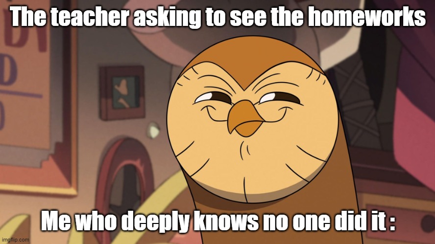 School | The teacher asking to see the homeworks; Me who deeply knows no one did it : | image tagged in hooty smirks | made w/ Imgflip meme maker