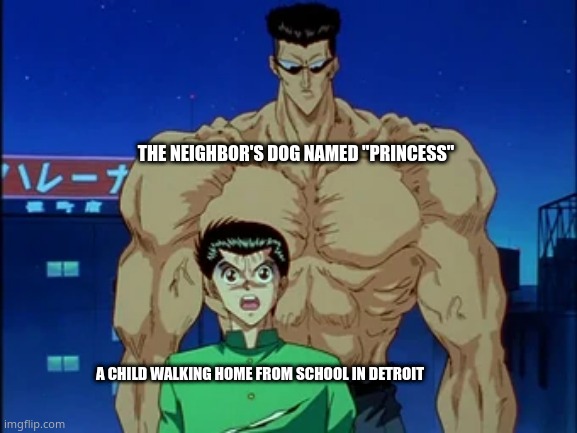 idk | THE NEIGHBOR'S DOG NAMED "PRINCESS"; A CHILD WALKING HOME FROM SCHOOL IN DETROIT | image tagged in toguro behind yusuke | made w/ Imgflip meme maker