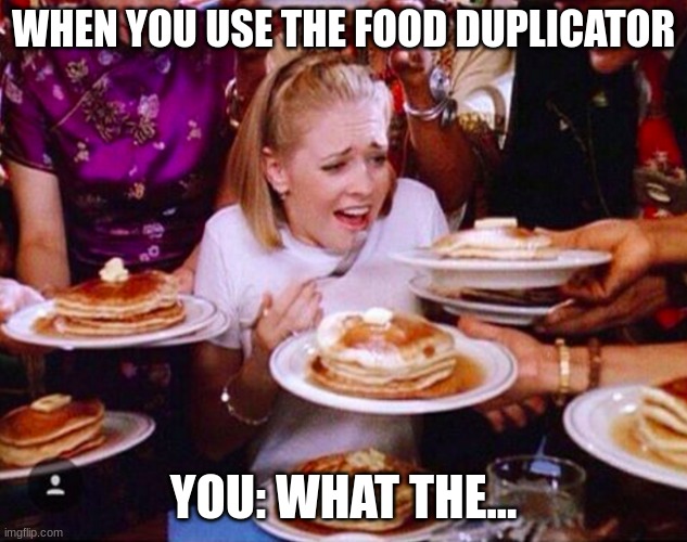 Too much food | WHEN YOU USE THE FOOD DUPLICATOR; YOU: WHAT THE... | image tagged in too much food | made w/ Imgflip meme maker