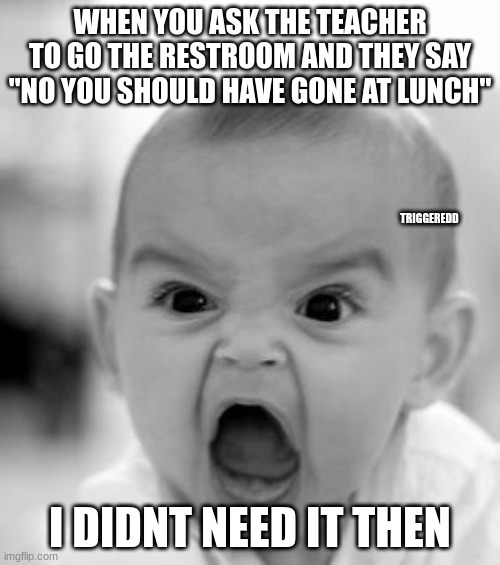 TRIGGERED | WHEN YOU ASK THE TEACHER TO GO THE RESTROOM AND THEY SAY "NO YOU SHOULD HAVE GONE AT LUNCH"; TRIGGEREDD; I DIDNT NEED IT THEN | image tagged in memes,angry baby,school,mad | made w/ Imgflip meme maker