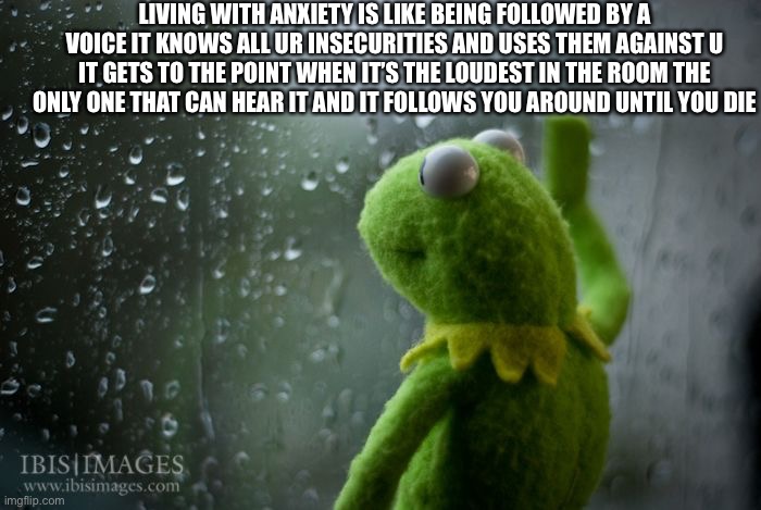 kermit window | LIVING WITH ANXIETY IS LIKE BEING FOLLOWED BY A VOICE IT KNOWS ALL UR INSECURITIES AND USES THEM AGAINST U IT GETS TO THE POINT WHEN IT’S THE LOUDEST IN THE ROOM THE ONLY ONE THAT CAN HEAR IT AND IT FOLLOWS YOU AROUND UNTIL YOU DIE | image tagged in kermit window | made w/ Imgflip meme maker