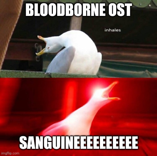 bloodborne ost got me like | BLOODBORNE OST; SANGUINEEEEEEEEEE | image tagged in inhaling seagull | made w/ Imgflip meme maker