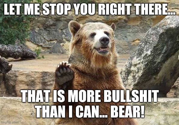 Unbearable Bullshit 01 | LET ME STOP YOU RIGHT THERE... THAT IS MORE BULLSHIT
THAN I CAN... BEAR! | image tagged in stop bear 01 | made w/ Imgflip meme maker