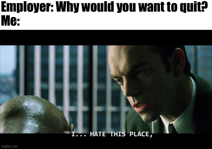Agent Smith hates work | Employer: Why would you want to quit?
Me: | image tagged in agent smith | made w/ Imgflip meme maker