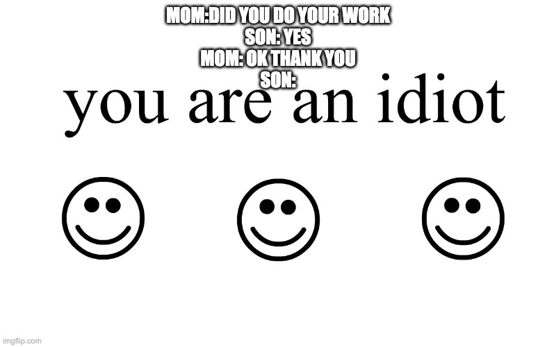 HAHAHAHAHAHHAHA | MOM:DID YOU DO YOUR WORK
SON: YES
MOM: OK THANK YOU
SON: | image tagged in you are an idiot,homework,mom,son | made w/ Imgflip meme maker
