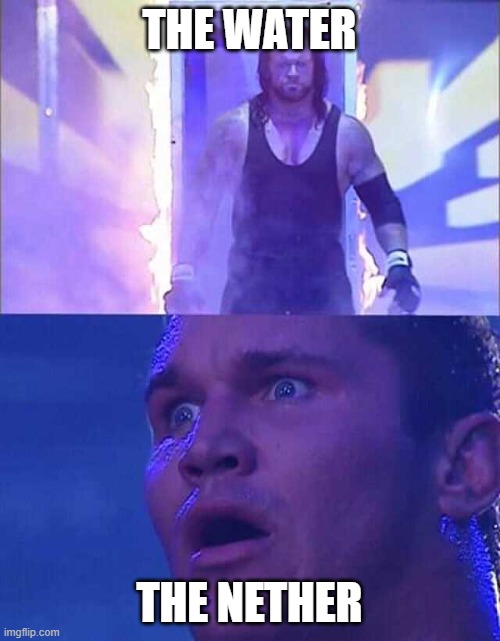 water vs. the nether be like | THE WATER; THE NETHER | image tagged in randy orton undertaker | made w/ Imgflip meme maker