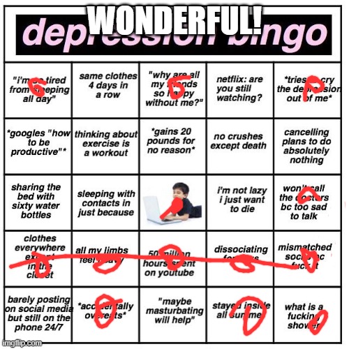 Depression bingo | WONDERFUL! | image tagged in depression bingo | made w/ Imgflip meme maker