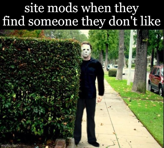 they fr go through every single image and comment you've ever made to find something small enough to delete and ban you about | site mods when they find someone they don't like | image tagged in michael myers bush stalking | made w/ Imgflip meme maker