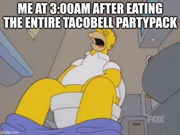 taco bell time | ME AT 3:00AM AFTER EATING THE ENTIRE TACOBELL PARTYPACK | image tagged in homer simpson toilet | made w/ Imgflip meme maker