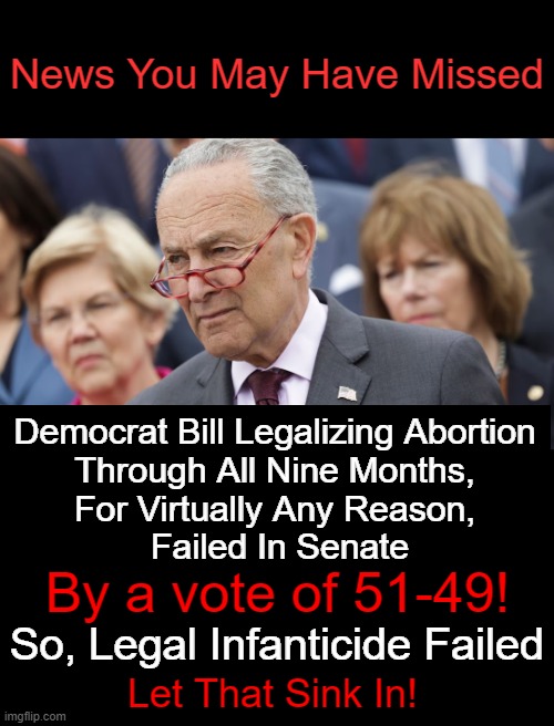 If society will be judged by how we treat our most vulnerable, what does that say about the Democrats? |  News You May Have Missed; Democrat Bill Legalizing Abortion 
Through All Nine Months, 
For Virtually Any Reason, 
Failed In Senate; By a vote of 51-49! So, Legal Infanticide Failed; Let That Sink In! | image tagged in politics,abortion,abortion is murder,democrats,up to 9 months,infanticide | made w/ Imgflip meme maker