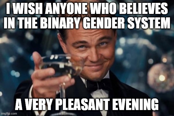 Leonardo Dicaprio Cheers | I WISH ANYONE WHO BELIEVES IN THE BINARY GENDER SYSTEM; A VERY PLEASANT EVENING | image tagged in memes,leonardo dicaprio cheers,lgbtq,nsfw,hot | made w/ Imgflip meme maker