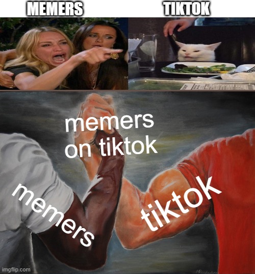 i honestly don't get what's wrong with tiktok. i mean sure i hate the dances but there are still memers on tiktok | MEMERS; TIKTOK; memers on tiktok; tiktok; memers | image tagged in memes,epic handshake,woman yelling at cat,tiktok,true | made w/ Imgflip meme maker