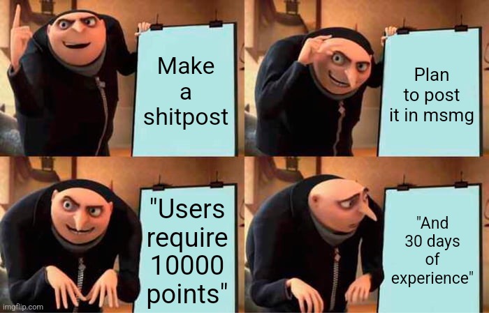 Gru's Plan Meme | Make a shitpost; Plan to post it in msmg; "Users require 10000 points"; "And 30 days of experience" | image tagged in memes,gru's plan | made w/ Imgflip meme maker