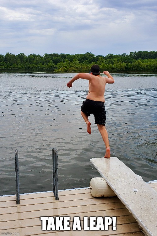Take a Leap | TAKE A LEAP! | image tagged in jumping,water,summer time,risk | made w/ Imgflip meme maker