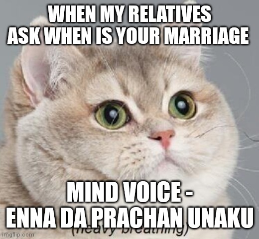 Tamil meme | WHEN MY RELATIVES ASK WHEN IS YOUR MARRIAGE; MIND VOICE - ENNA DA PRACHAN UNAKU | image tagged in memes,heavy breathing cat | made w/ Imgflip meme maker