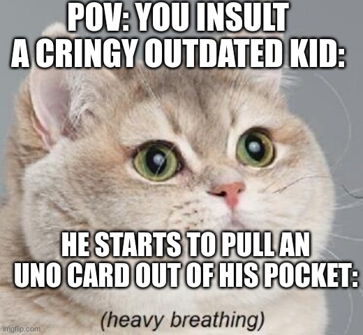 Why do I hear boss music | POV: YOU INSULT A CRINGY OUTDATED KID:; HE STARTS TO PULL AN UNO CARD OUT OF HIS POCKET: | image tagged in memes,heavy breathing cat,why do i hear boss music | made w/ Imgflip meme maker