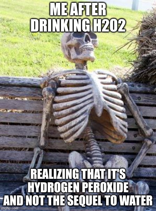 So it's not the sequel to water... | ME AFTER DRINKING H202; REALIZING THAT IT'S HYDROGEN PEROXIDE AND NOT THE SEQUEL TO WATER | image tagged in memes,waiting skeleton | made w/ Imgflip meme maker