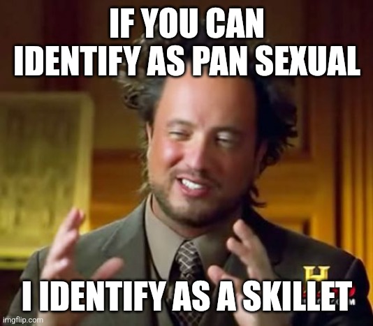 Yes | IF YOU CAN IDENTIFY AS PAN SEXUAL; I IDENTIFY AS A SKILLET | image tagged in memes,ancient aliens | made w/ Imgflip meme maker